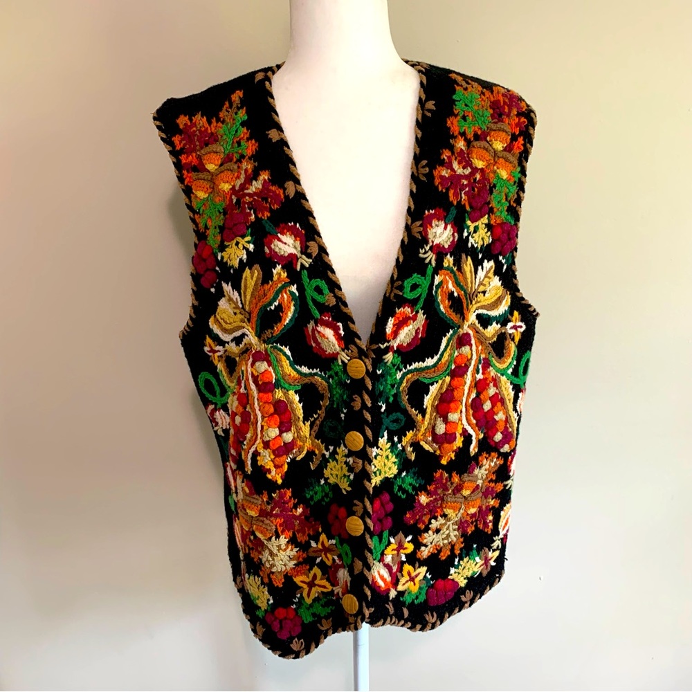 Belle Point Textured Fall Themed Pom Pom Decoration Vest Wooden Buttons